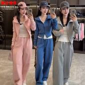 外套直筒裤 网红春季 连帽拉链短款 2026女士新款 两件套 显瘦休闲套装