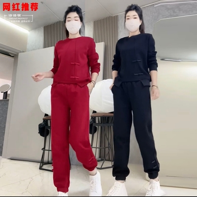 国风秋冬新款女装加绒加厚休闲时尚百搭宽松圆领卫衣时尚两件套潮