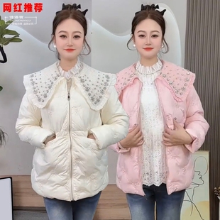 冬季韩系爆款欧货小香风羽绒棉服外套时尚镶钻刺绣娃娃领大码女装