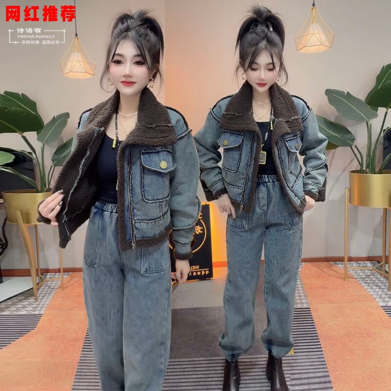 欧货休闲牛仔套装女网红冬季新款时尚显瘦加绒加厚外套工装两件套