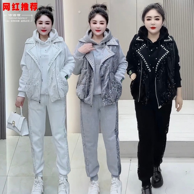 诗语萌冬季爆款时尚休闲宽松洋气减龄亮片宝宝绒外套女卫衣裤套装