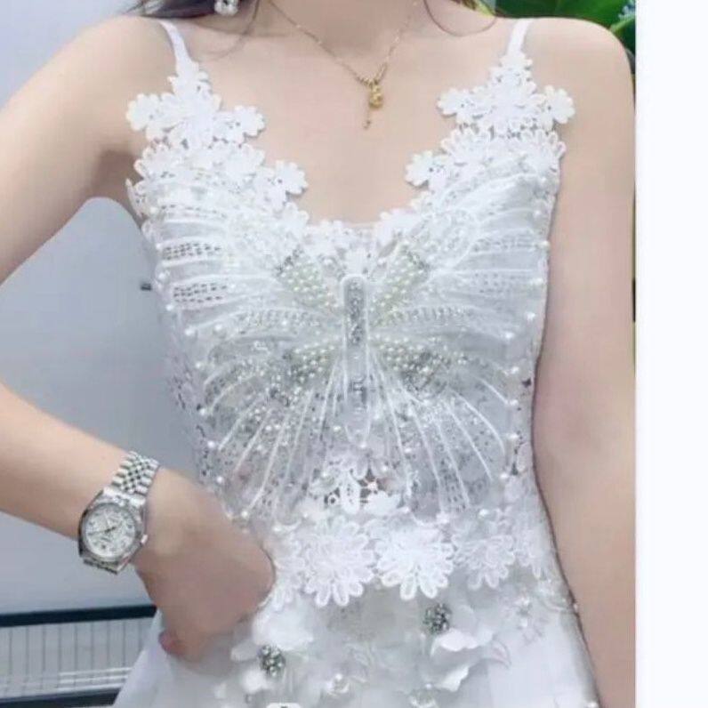 夏季新款甜美重工钉珠花朵百搭修身内搭防走光美背蕾丝吊带背心女