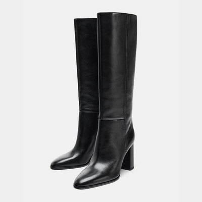 ZA2025秋冬新款英伦风尖头大筒围直筒靴复古粗高跟长筒靴骑士靴女