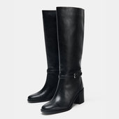 ZA大筒围粗高跟长筒靴2025秋冬新款 搭扣饰复古风骑士靴圆头高筒靴