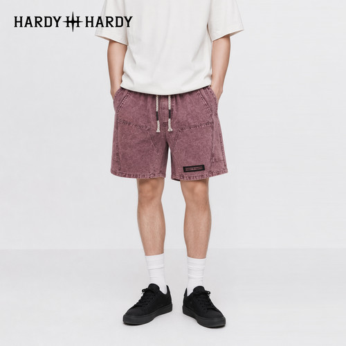 HARDY HARDY潮牌美式复古水洗短裤宽松纯棉烫钻装饰抽绳五分裤
