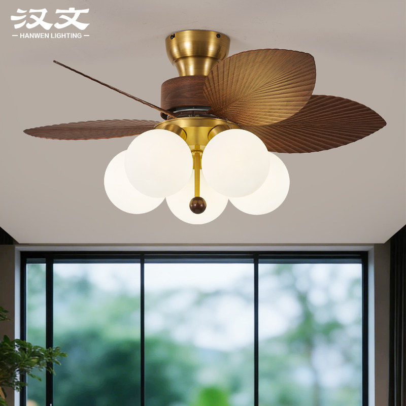 美式风扇灯护眼复古南洋风芭蕉扇金色餐厅吊灯电吊扇灯客厅灯中山