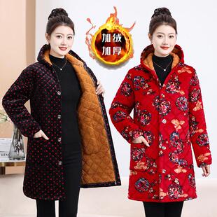 防脏女中长款 加绒加厚女装 妈妈保暖宽松大码 新款 棉衣 罩衣外套冬季