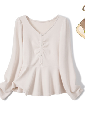 2025秋装新款胖mm大码高级感荷叶边长袖T恤收腰显瘦纯欲上衣80215