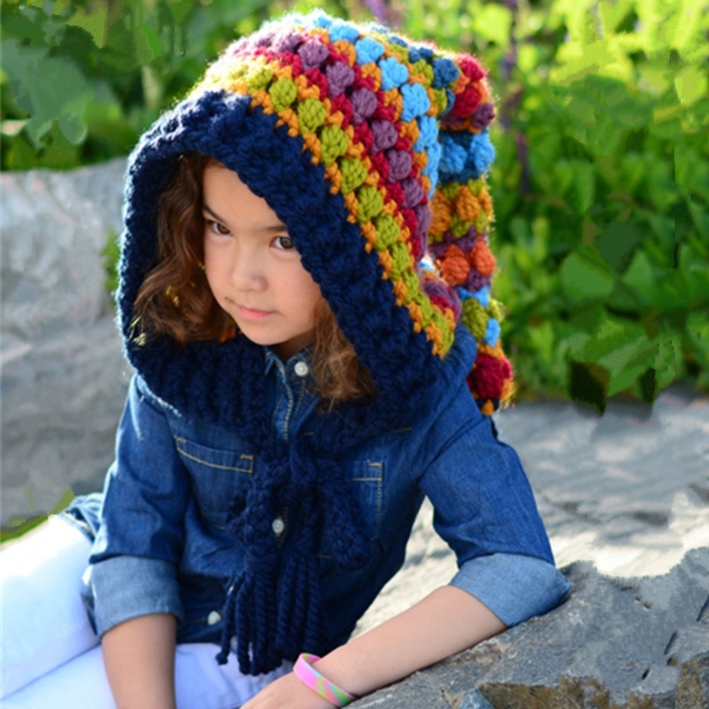 儿童精灵帽子男女童新款彩虹帽巫师帽秋冬纯手工毛线钩针长尾帽