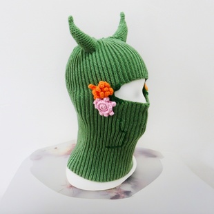 主题派对面罩头套手工钩针绿色恶魔角帽子森系风情侣针织毛线帽
