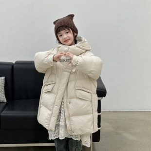 呦奇极寒白鸭绒亲子款 儿童羽绒服226121 两粒扣连帽宽松加厚长款