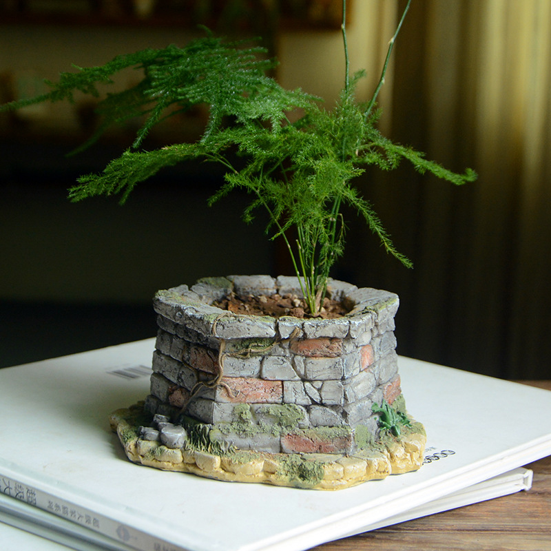 复古水井石大号磨石头花盆铜钱草无孔水培绿萝多肉植物装饰仿