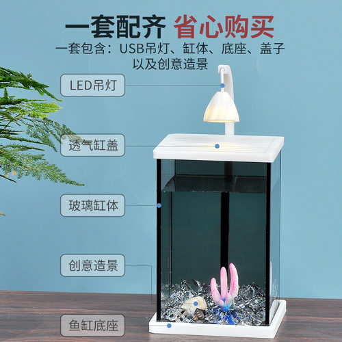 网红小型桌面黑波斗鱼缸创意造景玻璃缸观赏小夜灯装饰超白鱼缸