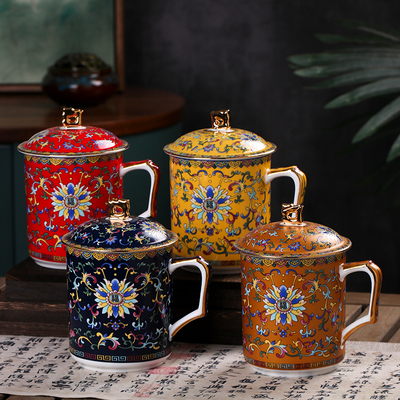 景德镇珐琅彩粉彩办公杯陶瓷杯复古宫廷马克杯底款可定制送礼茶杯