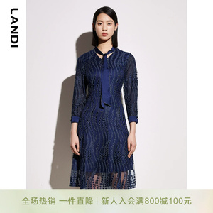 LANDI蓝地飘带V领网纱设计感七分袖连衣裙女收腰显瘦裙子春新品