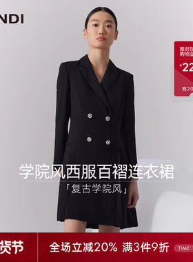 [轻职场小黑裙]LANDI黑色学院风西装百褶连衣裙女短款2025秋新品