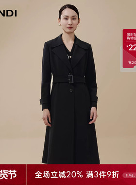 [西式立体剪裁]LANDI黑色减龄大翻驳领系带中长风衣外套女秋新品
