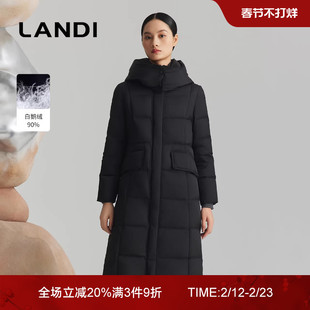 [商场同款]LANDI黑色立领连帽长款白鹅绒羽绒服女高级感冬新品