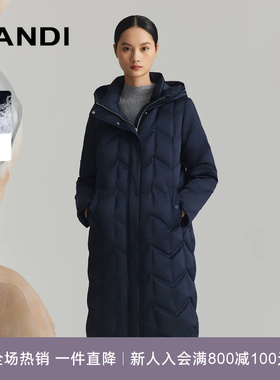 [商场同款]LANDI藏蓝色简约气质长款立领连帽鹅绒羽绒服女冬新品