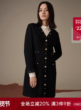 LANDI蓝地黑色法式设计感V领羊毛针织开衫收腰连衣裙女冬新品