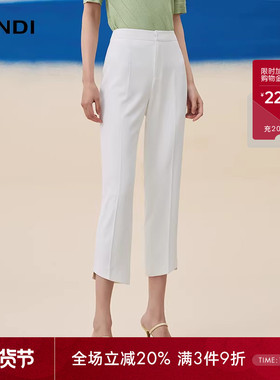 LANDI蓝地白色不规则裤脚简约修身通勤小脚裤女九分休闲裤夏新品