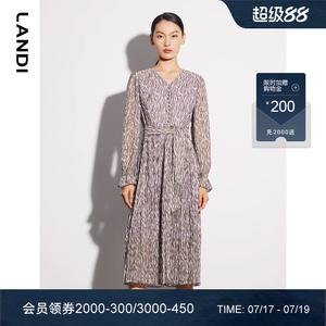 LANDI蓝地复古雅致艺术印花压褶V领连衣裙女收腰长裙春新品