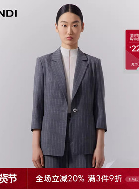 LANDI蓝地深灰色绵羊毛条纹西装外套女一粒扣收腰西服上衣秋新品