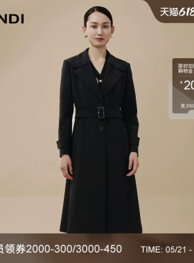 [西式立体剪裁]LANDI黑色减龄大翻驳领系带中长风衣外套女秋新品