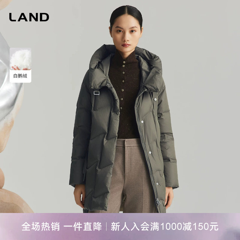 [商场同款]LANDI墨绿色廓形白鹅绒立领连帽羽绒服女中长款冬新品