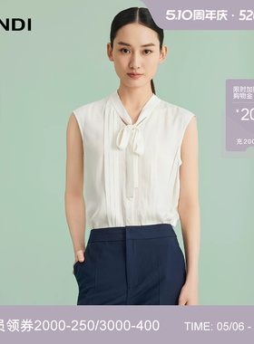 LANDI蓝地白色桑蚕丝高级感飘带领风琴褶无袖衬衫内搭上衣夏新品