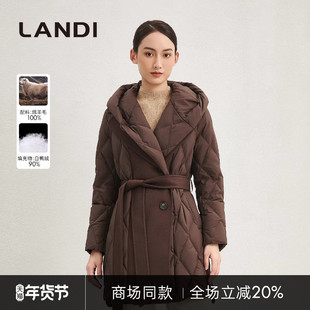 [商场同款]LANDI深咖色设计感连帽毛呢拼接羽绒服女中长款冬新品