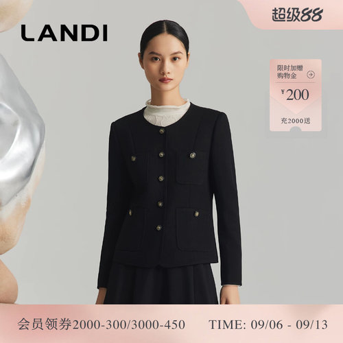 LANDI黑色圆领小香风短款外套