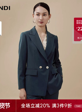 [时尚老钱风套装]LANDI青蓝色双排扣通勤西装外套女西裤秋新品