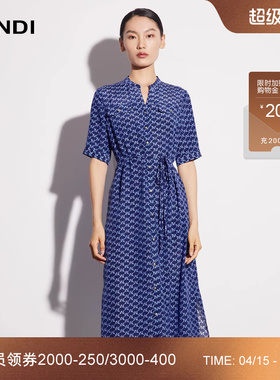 LANDI蓝地藏蓝色休闲气质真丝印花衬衫式连衣裙女短袖裙子夏新品