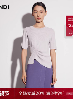 LANDI蓝地浅灰色圆领腰部捏褶不规则设计感修身针织衫女春新品