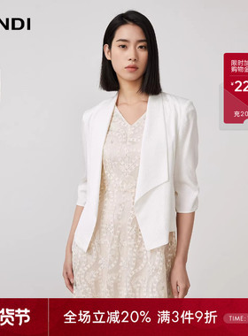 LANDI蓝地桑蚕丝白色艺术驳领抽褶七分袖知性小西装外套女夏新品