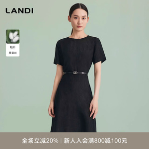 LANDI蓝地哑光黑圆领桑蚕丝通勤短袖收腰连衣裙女短款裙子夏新品