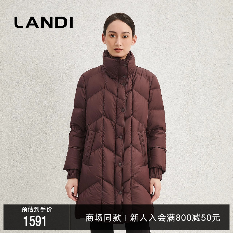 安可拉红直身立领中长羽绒服