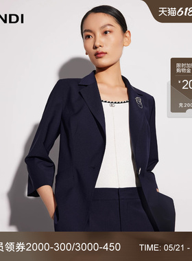LANDI蓝地藏蓝色羊毛通勤修身一粒扣七分袖西装外套女上衣夏新品