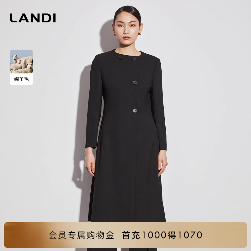 LANDI蓝地绵羊毛黑色圆领设计感修身中长款通勤风衣外套女秋新品