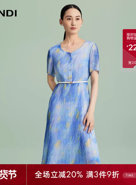 LANDI蓝地湖蓝色恬静气质印花短袖收腰雪纺连衣裙女百褶裙夏新品