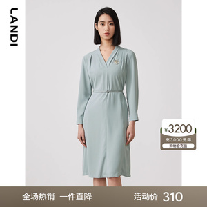 LANDI蓝地V领长袖连衣裙女2023年春季新款法式小个子收腰雪纺裙子