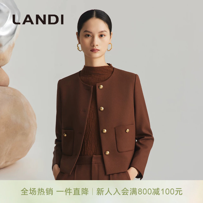 [简约复古]LANDI焦糖棕小金扣设计圆领小西装上衣女短外套冬新品
