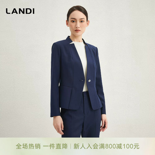 藏蓝色无领设计感羊毛收腰西装