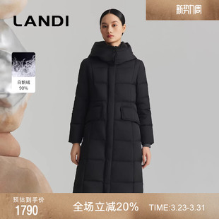 [商场同款]LANDI黑色立领连帽长款白鹅绒羽绒服女高级感冬新品