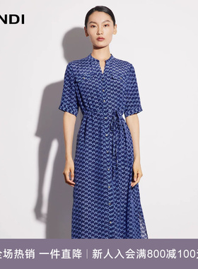LANDI蓝地藏蓝色休闲气质真丝印花衬衫式连衣裙女短袖裙子夏新品