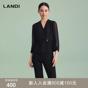 女上衣夏新品 衬衫 LANDI蓝地黑色分割线设计通勤V领网纱拼接七分袖