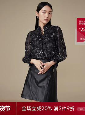 LANDI蓝地黑色设计感荷叶边小立领星空印花碎花衬衫女上衣秋新品