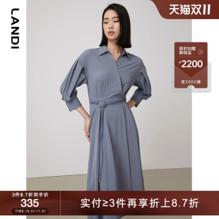 收腰连衣裙女高级感中长裙秋新品 LANDI蓝地设计感法式 小众灯笼袖
