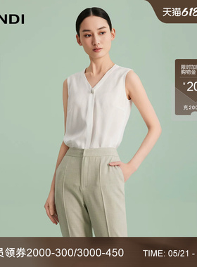 LANDI蓝地白色通勤气质高级感醋酸V领无袖衬衫内搭上衣女夏新品